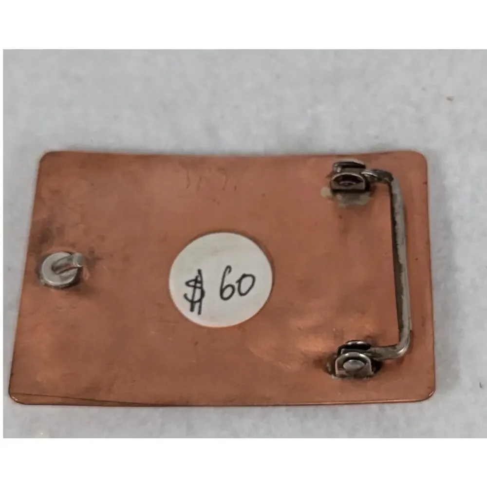 Vtge Hand etched Copper belt buckle with Jade 27/8